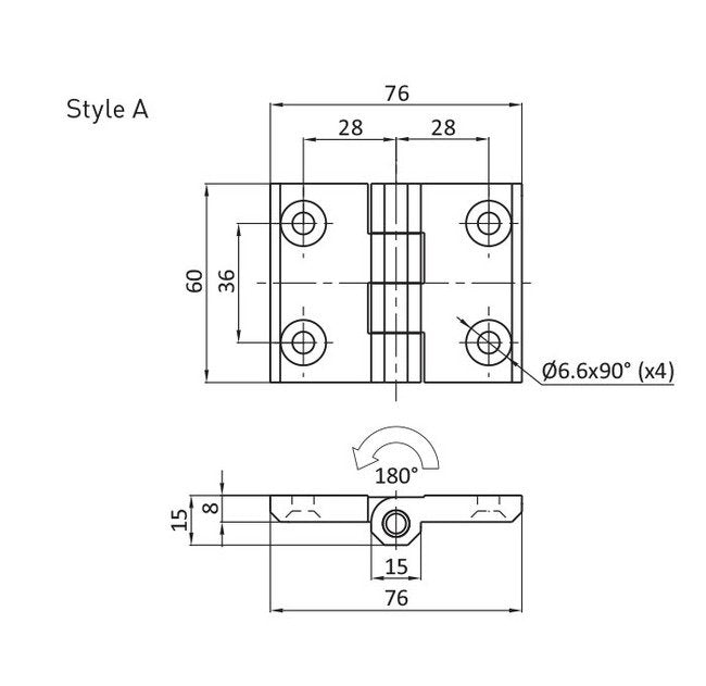 Black Powder Coated Screw-On Hinge with 4 M6 Countersunk Screw Holes - Style A - Image 2