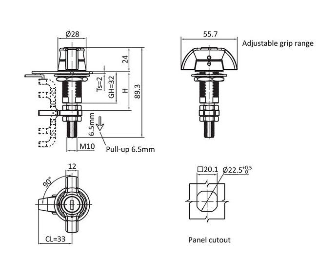 FH333 Key Locking Wing Knob Long Shaft Compression Latch - Straight Cam, 54.6mm Max Grip - Image 2