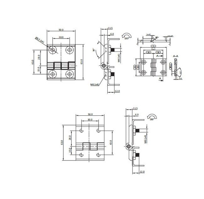Heavy-Duty M6 Countersunk Screw-On Hinge, Die-Cast Zinc, Black Powder Coated - Image 2