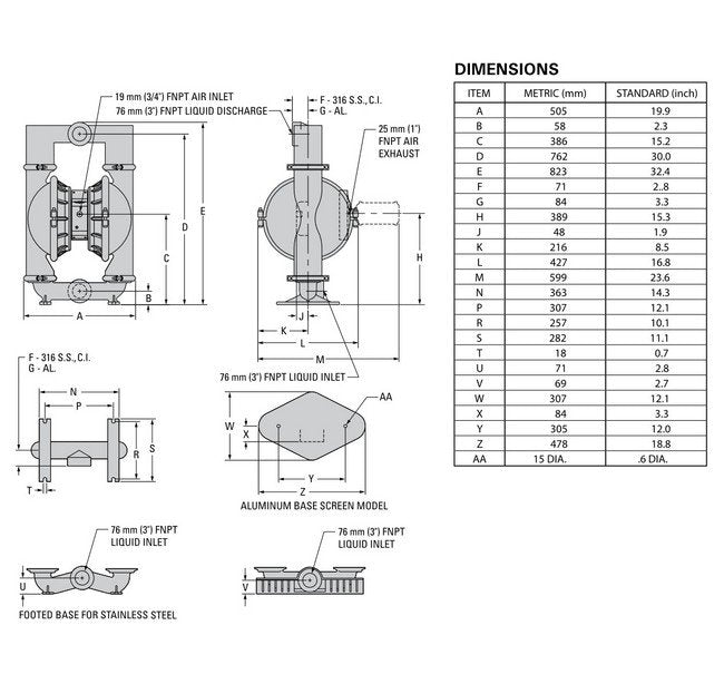 Nomad® 3" NPT Clamped PWR-FLO™ AODD Pump, Aluminum with PTFE Diaphragms - Image 4