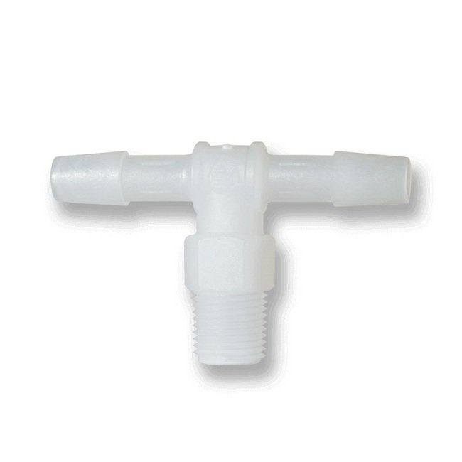 AT-R Series 3/4 Inch (in) Size Male National Pipe Thread (MNPT), 3/4 Inch (in) Barb Size, and White Polypropylene Tee Adapter Fitting - Image 1