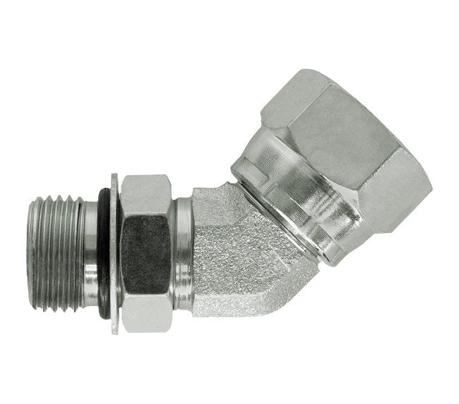 Carbon Steel 45° Male O-Ring x Female Swivel Elbow, 3/4 Inch T1, 1/2 Inch T2 - Image 1