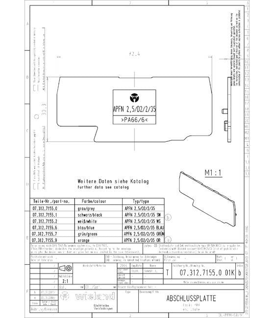 Wieland APFN 2 End Plate - 72.4mm Length, Gray - Image 3