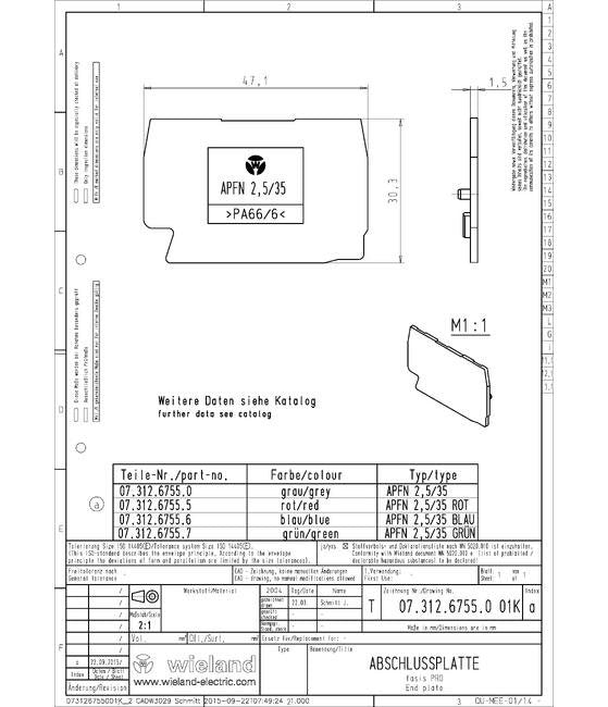 Wieland 47.1mm Length Gray APFN 2 End Plate for DIN Rail Terminal Blocks - Image 3