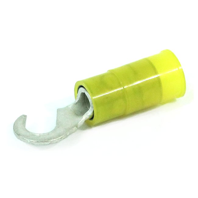 Yellow Nylon Butted Seam Hook Terminal, 12-10 AWG, Stud Size #10 - Pack of 100 - Image 1