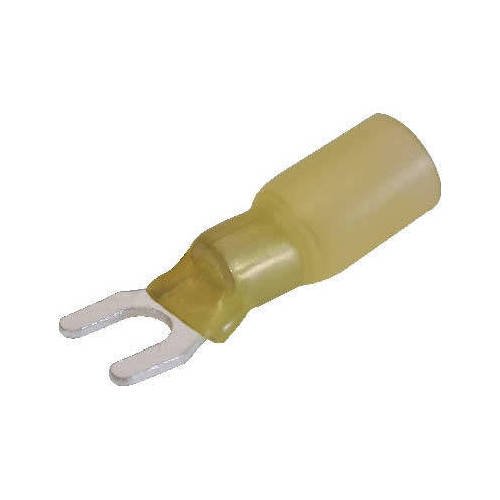 Yellow 12-10 AWG Spade Terminal with 1/4 Stud - Snap Heat Shrink, Pack of 100 - Image 1