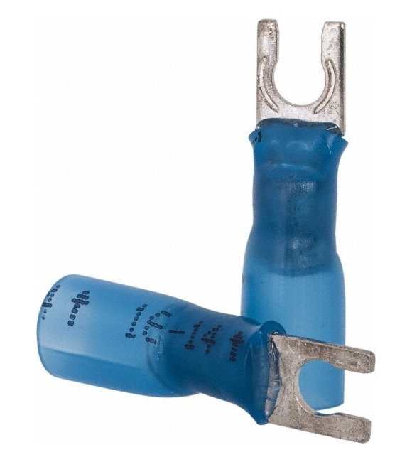 Blue 16-14 AWG Spade Terminal with #6 Stud Block Heat Shrink - Pack of 100 - Image 1