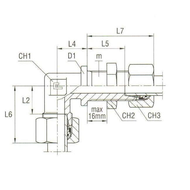 Bulkhead Elbow with B4 Ring, Carbon Steel, DIN 2353 Compression Fitting - Image 2