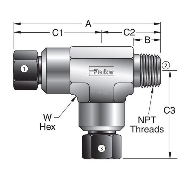 Parker MPI™ MNPT Tee Fitting, 3/8" MPI x 1/4" MNPT - Image 2