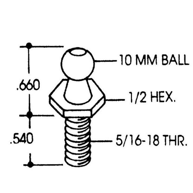 Stainless Steel Ball Stud (Thread: 5/16-18, Ball: 10mm, Hex: 1/2 Inch) - Image 2