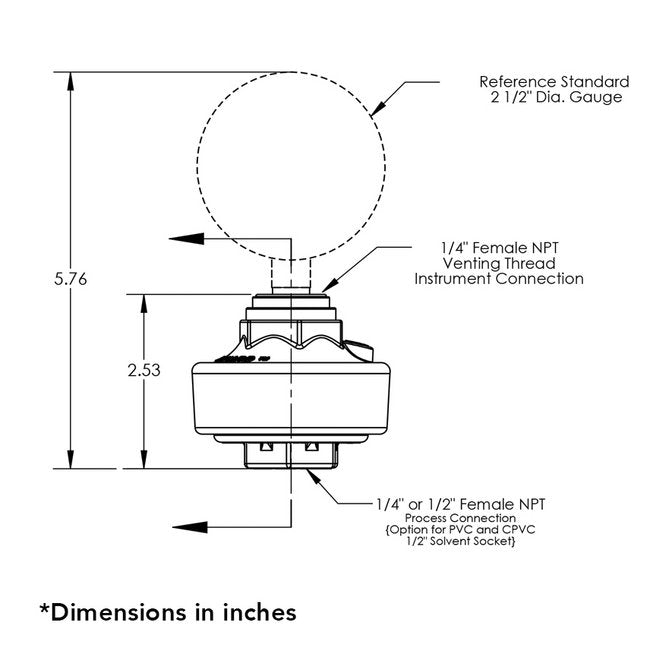 CPVC 1/2" Female NPT Gauge Isolator with Wika Stainless Brass 2.5" Gauge - Image 2