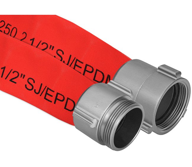 2-1/2" Red Coated Fire Hose Assembly with AL Rocker Lug - 50 ft - Image 1