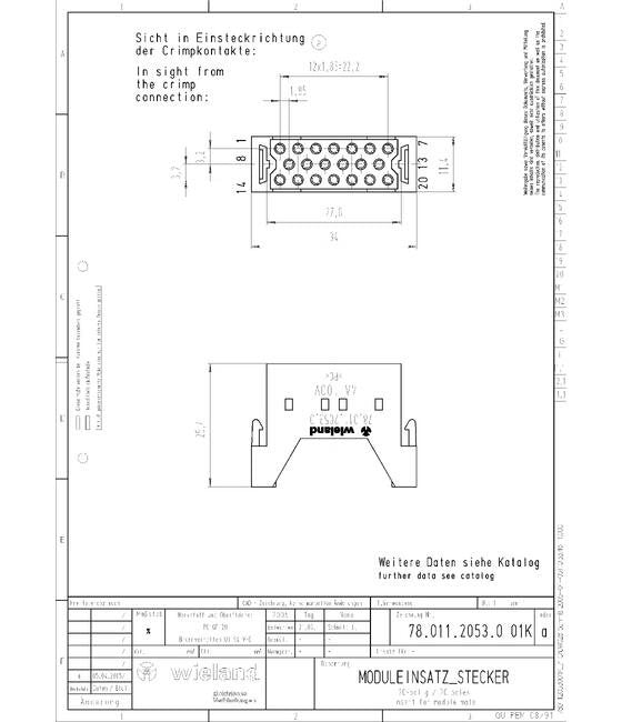Wieland 1.5 kV Impulse Voltage Pin Insert - 20 Pole Male Connector - Image 2