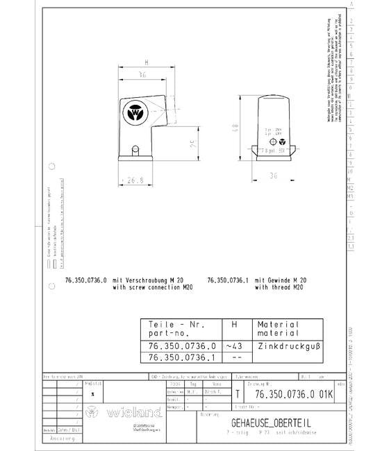 Wieland Heavy-Duty Industrial Connector Housing M20 Threaded, Gray - Image 1
