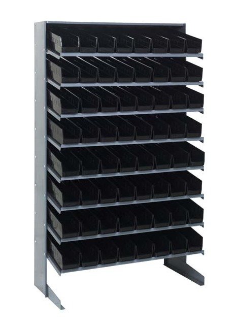 Industrial Grade Heavy Duty Shelving Unit with 64 Black Bins - Image 1