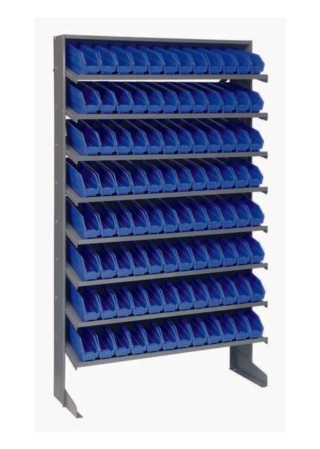Heavy Duty Industrial Shelving Unit with 96 Blue Bins - Image 1