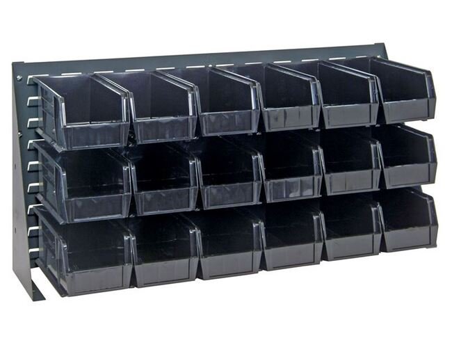 Heavy-Duty Bench Rack with 18 Black Bins, 36-Inch Width - Image 1
