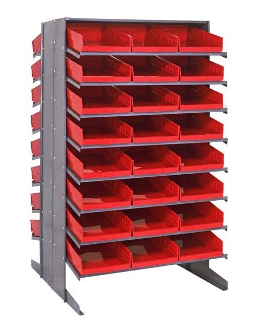 Industrial Grade Double Sided Shelving Unit with 48 Red Storage Bins - Image 1