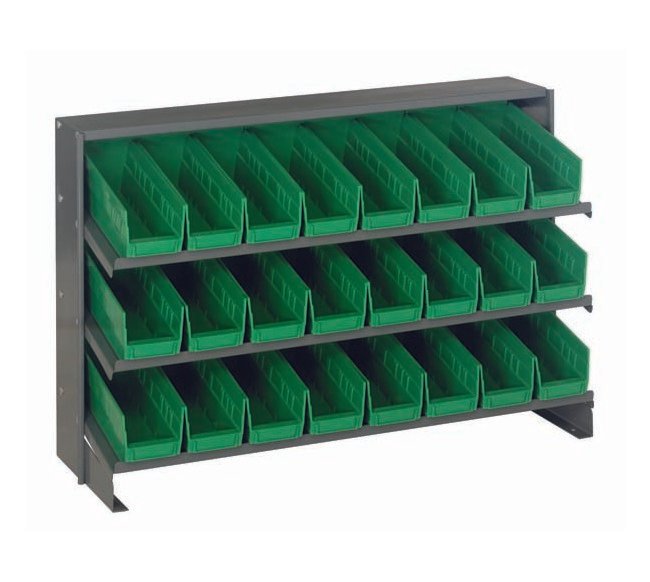 Heavy Duty Shelving Unit with Bench Pick Rack and 24 Green Bins - Image 1