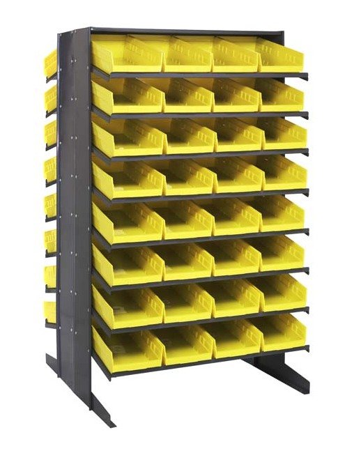 Industrial Double Sided Heavy Duty Shelving Unit with 64 Yellow Storage Bins - Image 1