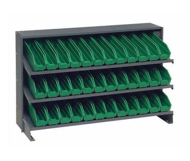 Industrial Heavy Duty Shelving Unit with 36 Green Bins - Image 1