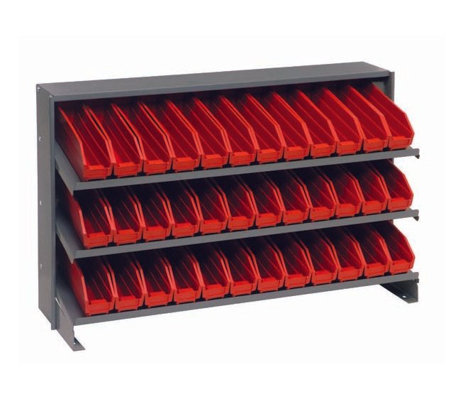 Heavy Duty Steel Shelving Unit with 36 Red Bins - Image 1