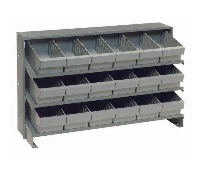 Heavy Duty Shelving Unit with 18 Gray Storage Bins - Image 1