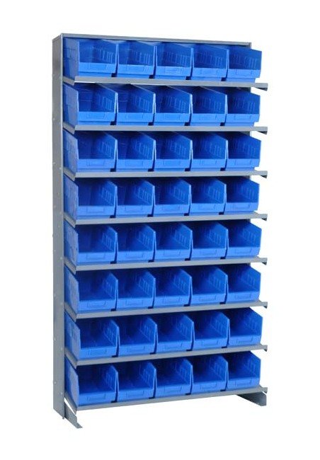 Heavy Duty Shelving with Single Sided Pick Rack and 40 Bins, Blue - Image 1