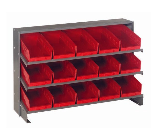 Heavy Duty Shelving with Bench Pick Rack and 15 Red Bins - Image 1