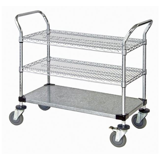Chrome Wire & Solid Galvanized Utility Cart with 3 Shelves - Image 1