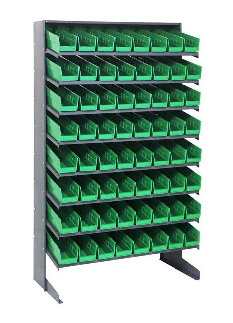 Industrial Grade Heavy Duty Shelving Unit with 64 Green Bins - Image 1