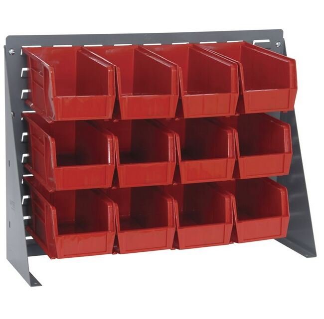Heavy-Duty Bench Rack with 12 Red Storage Bins, 27-Inch Width - Image 1