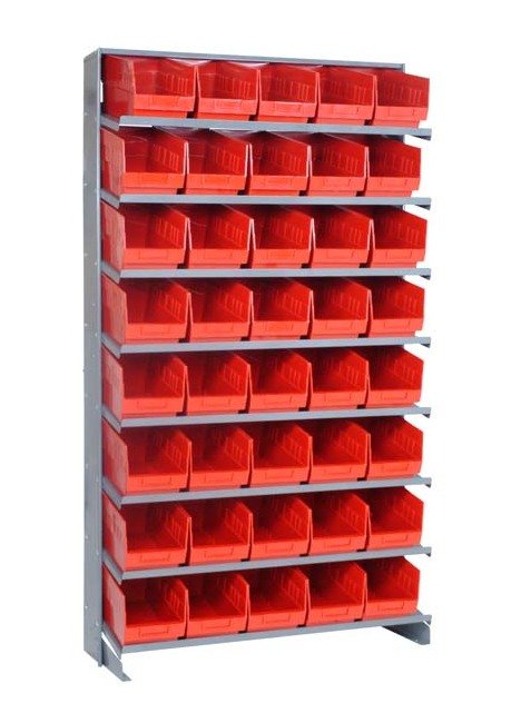 Heavy Duty Single Sided Pick Rack with 40 Red Storage Bins - Image 1