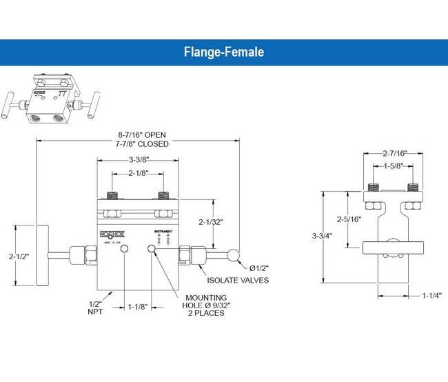 NOSHOK 2020/2120 Series 2-Valve Manifold Valve with Steel Hard Seat, 1/2" NPT Female Flange, 0.187" Orifice - Image 2