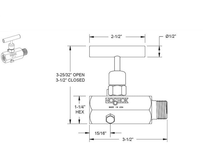 NOSHOK 1/4" 600 Series Block and Bleed Needle Valve, 316 Stainless Steel - Image 2