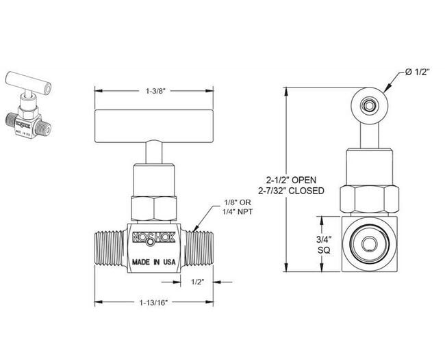 Noshok 150 Mini Needle Valve, Brass, 1/4" NPT Male-Male, 0.172" Orifice - Image 2