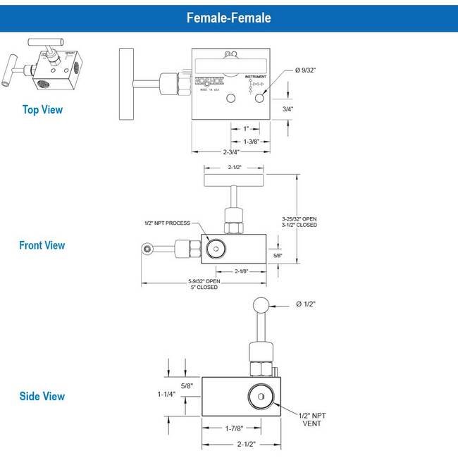 NOSHOK 2000/2100 Series 2-Valve Manifold Valve, Hard Seat, 1/2" NPT Female x 1/2" NPT Female, Steel - Image 2