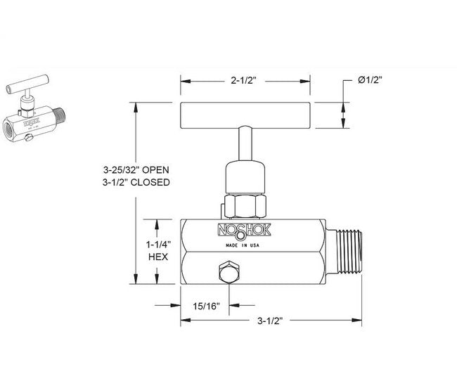 NOSHOK 700 Series 1/2" NPT SS Block and Bleed Valve with PTFE Packing - Image 2