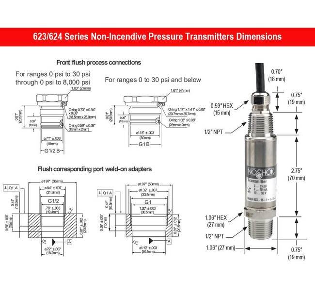 NOSHOK 623 Series Pressure Transmitter - 0-2 psig, 0.25% Accuracy - Image 3