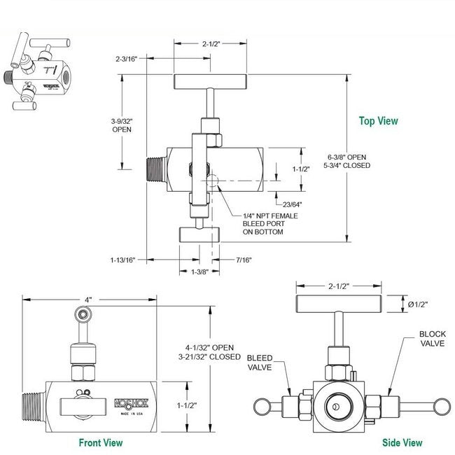 NOSHOK 1/2" NPT 316 Stainless Steel Hard Seat Double Block and Bleed 3-Valve - Image 2