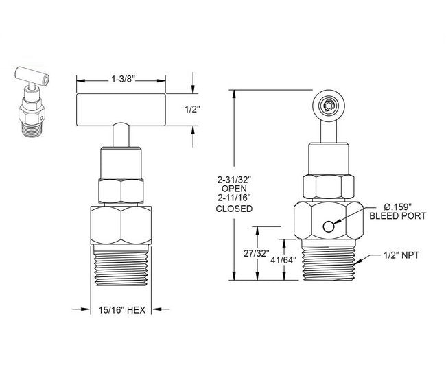 NOSHOK 800/850 Series Stainless Steel Bleed Needle Valve with Soft Tip, 1/2" NPT Male - Image 2