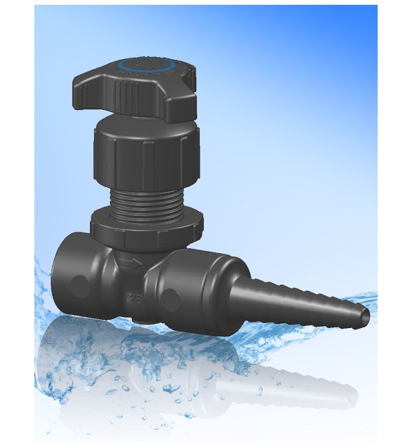 PVC Needle Valve - 3/8" Female NPT Inlet x 1/4"-1/2" Tube ID Barb Outlet - Image 1