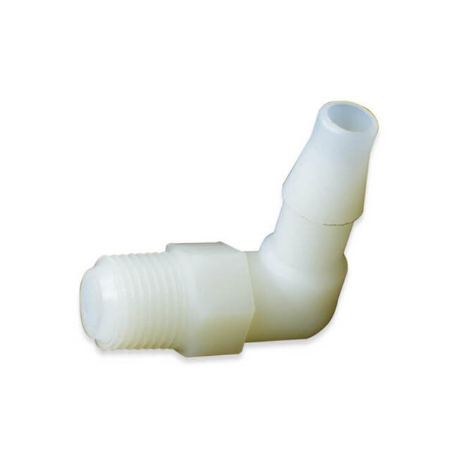 Polypropylene 1/8" NPT Male Thread to 1/8" Barb Elbow Adapter - Image 1