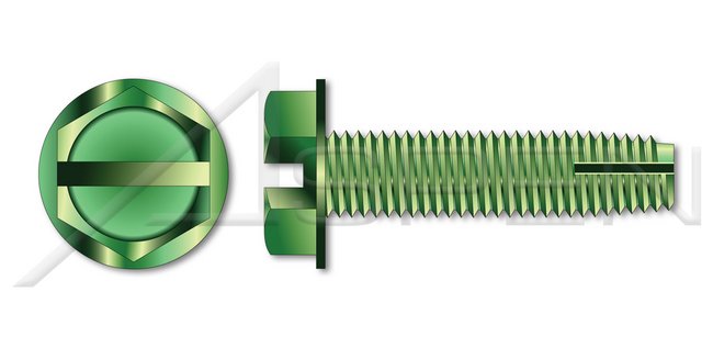 Steel Green Zinc and Baked Type "1" Hex Slotted Indented Washer Head Grounding Thread Cutting Screw - Image 1