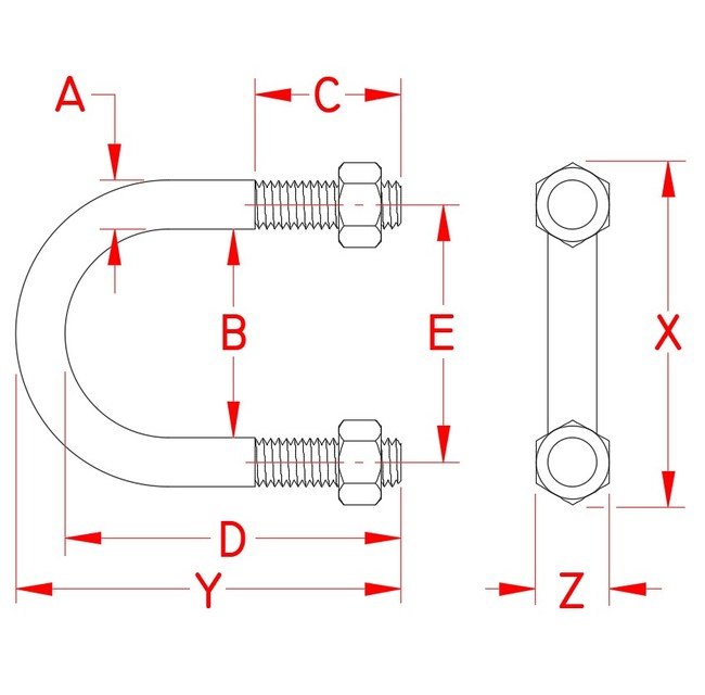 304 Stainless Steel U-Bolt with UNC Thread & Two Nuts - Image 2