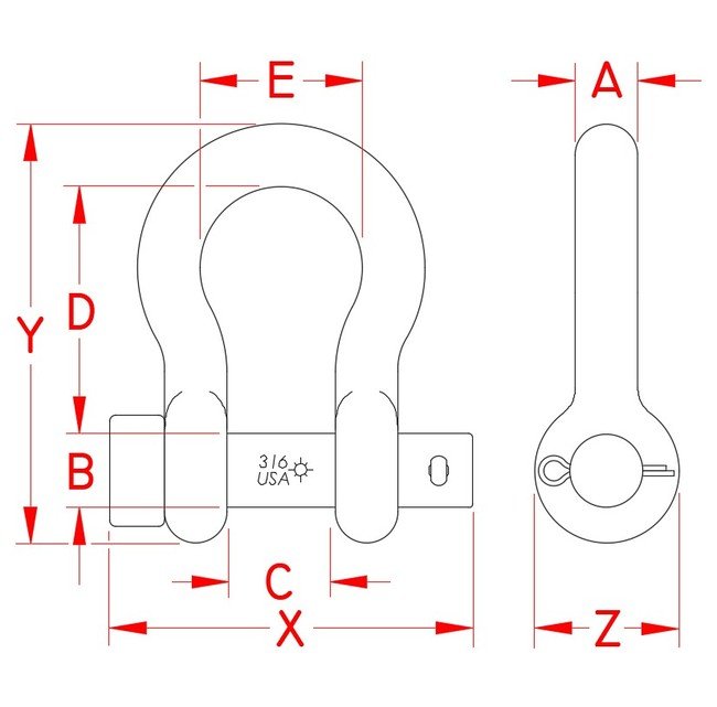 USA-Made Stainless Steel Round Pin Anchor Shackle - 3/8 in - Image 2