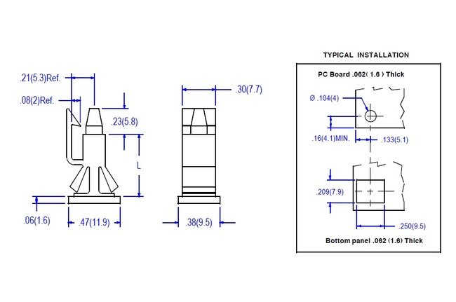 Circuit Board Supports: Edge Mount x .156 PCB Hole with Square Hole Chassis Mount - Image 2