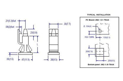Circuit Board Supports: Edge Mount x .156 PCB Hole with Square Hole Chassis Mount - Image 2