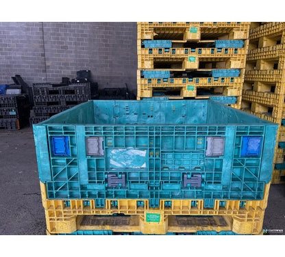 Collapsible Bulk Plastic Pallet Container - 48 x 45 x 25 Inches, Yellow/Green, 2 Drop Doors - Image 1