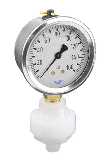 PVDF Mini Tuff Gauge Isolator with Wika 212.53 Gauge, 1/4" Inlet, 0-160 PSI - Image 1